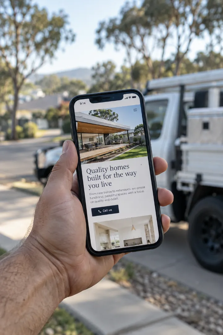 Builder’s mobile website on a phone held beside a work ute