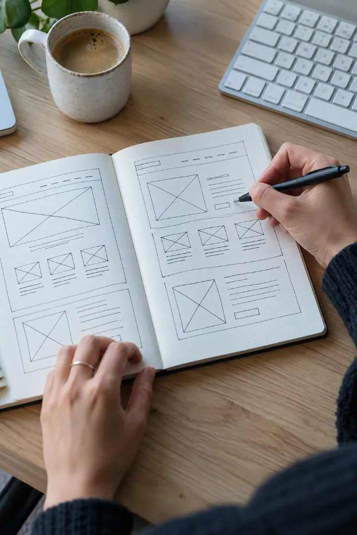 Web designer sketching website page layouts in a notebook
