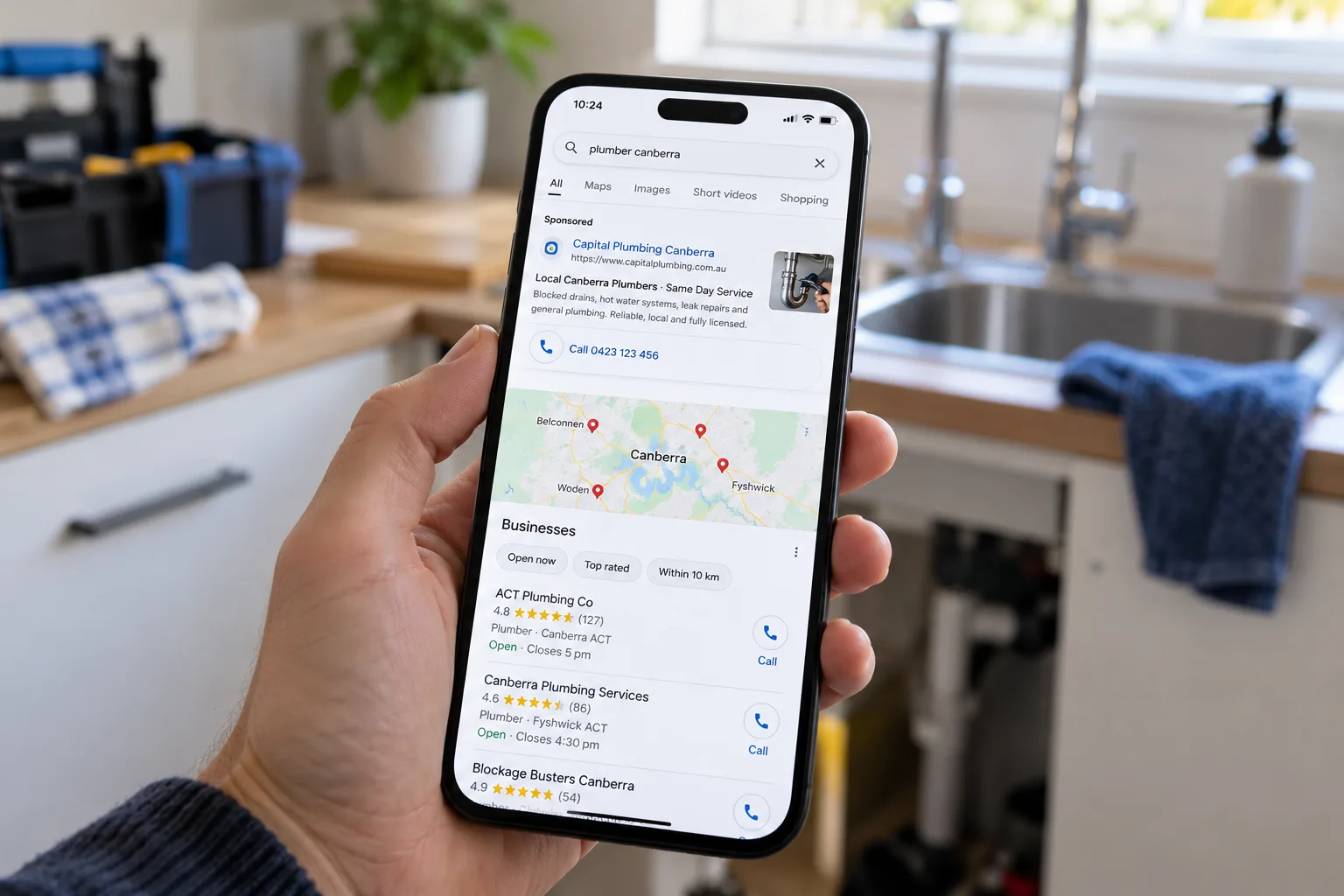 Phone showing Google search results with an AI summary for a local service