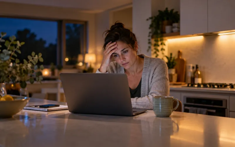 Small business owner frustrated while building her own website late at night
