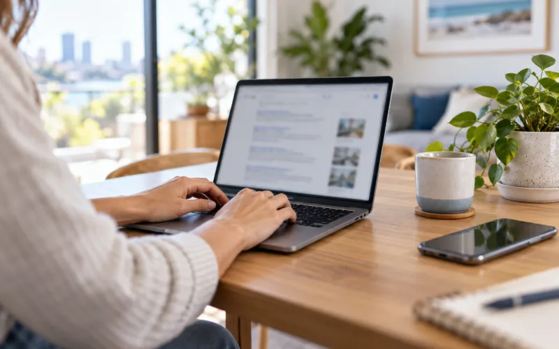 Business owner checking Google search results on a laptop at a wooden desk