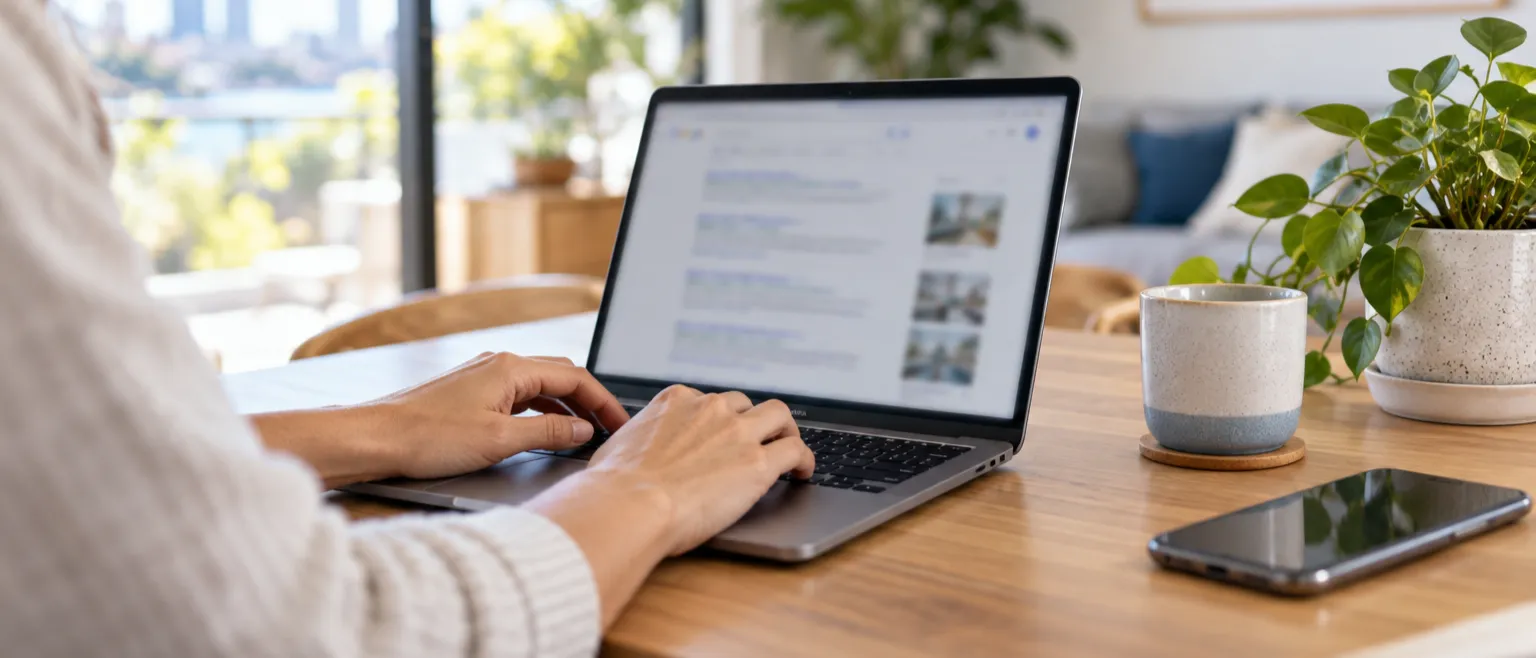 Business owner checking Google search results on a laptop at a wooden desk