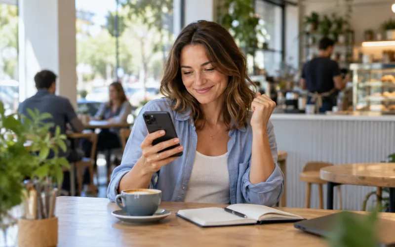 Small business owner smiling at a new customer enquiry on her phone in a café
