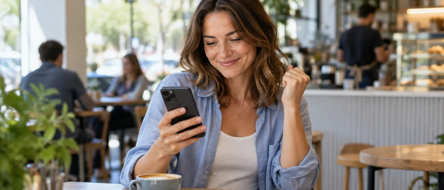 Small business owner smiling at a new customer enquiry on her phone in a café