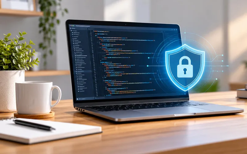 Laptop showing website code with a security padlock icon, representing website security