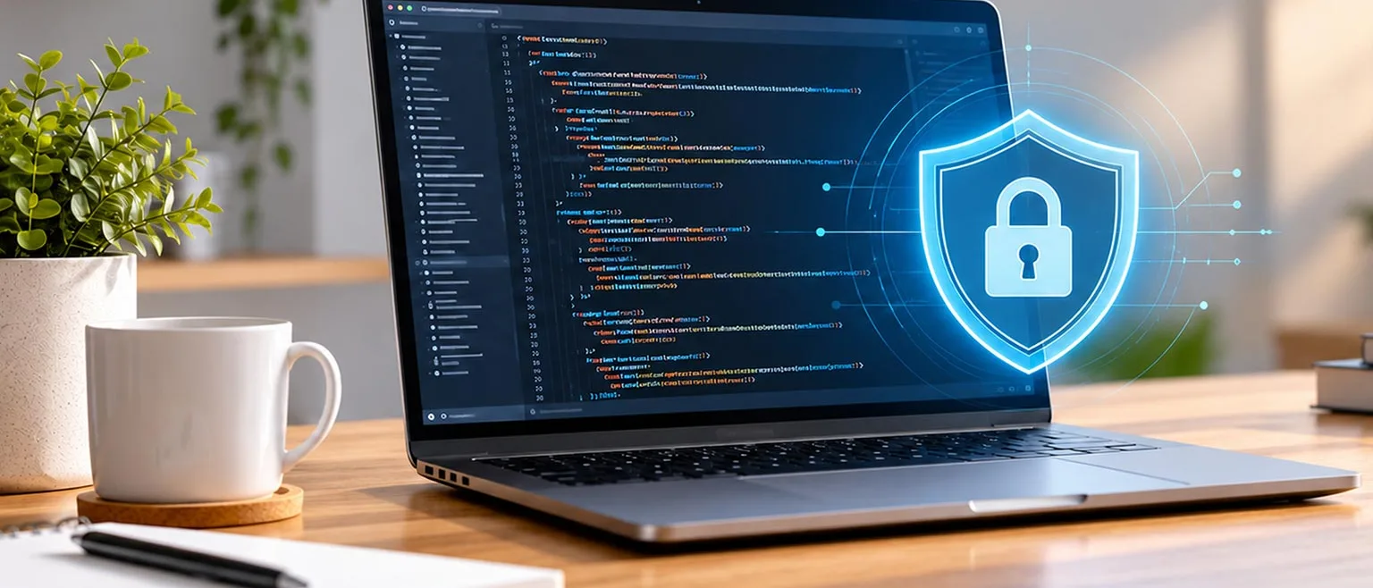 Laptop showing website code with a security padlock icon, representing website security