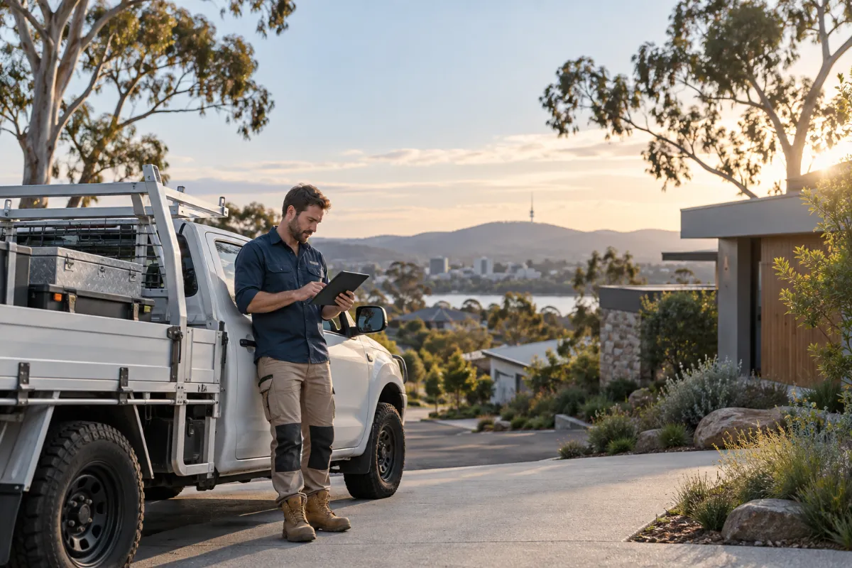 Canberra tradie reviewing a website quote on a tablet beside his ute