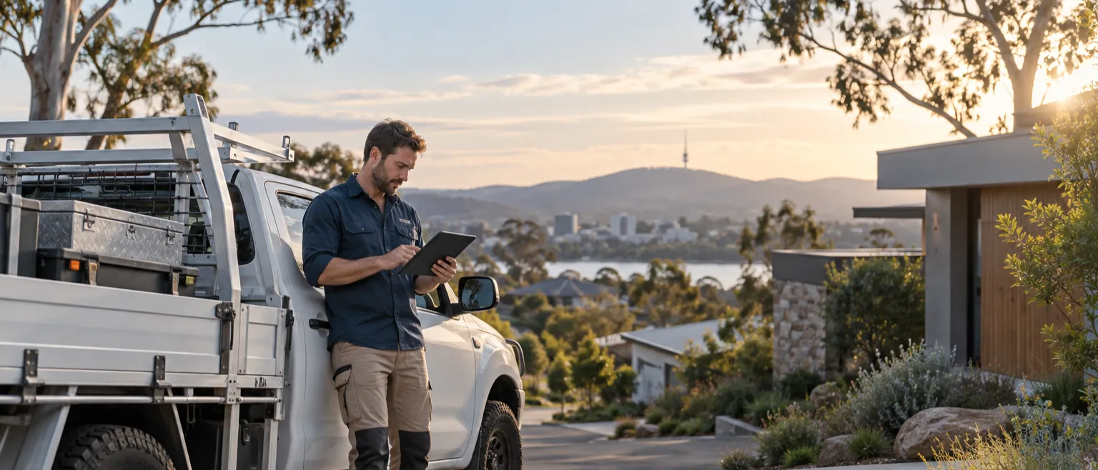 Canberra tradie reviewing a website quote on a tablet beside his ute