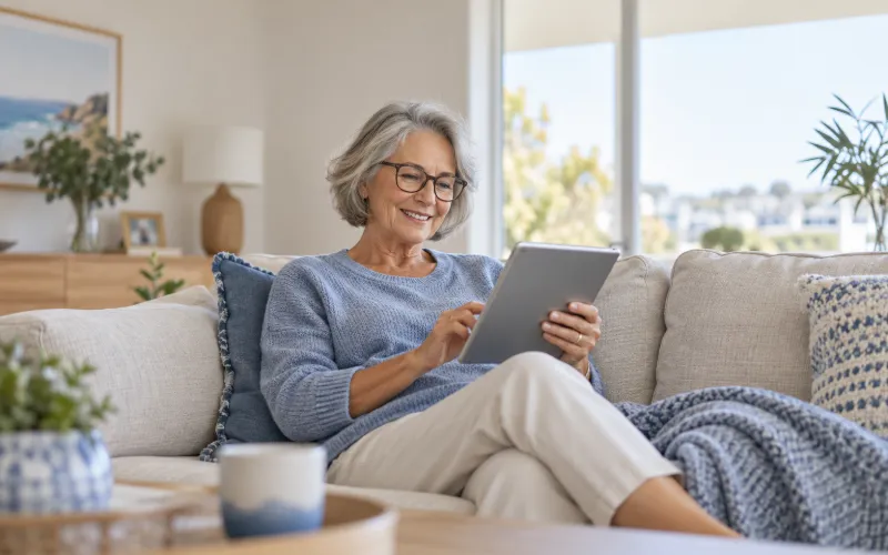 Older woman easily browsing a website on a tablet at home