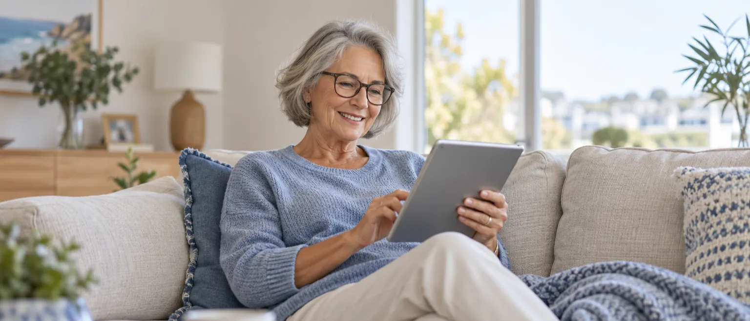Older woman easily browsing a website on a tablet at home
