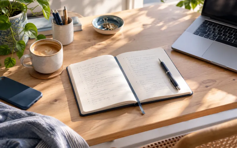 Notebook with handwritten notes for planning website copy beside a laptop and coffee