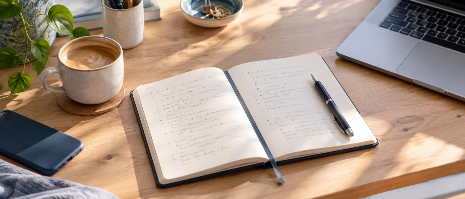 Notebook with handwritten notes for planning website copy beside a laptop and coffee