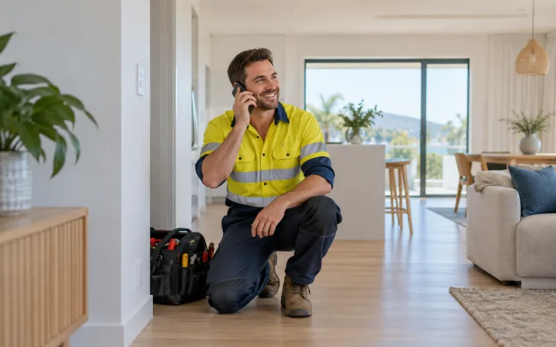 Electrician in hi-vis answering a call from a new customer in a modern home