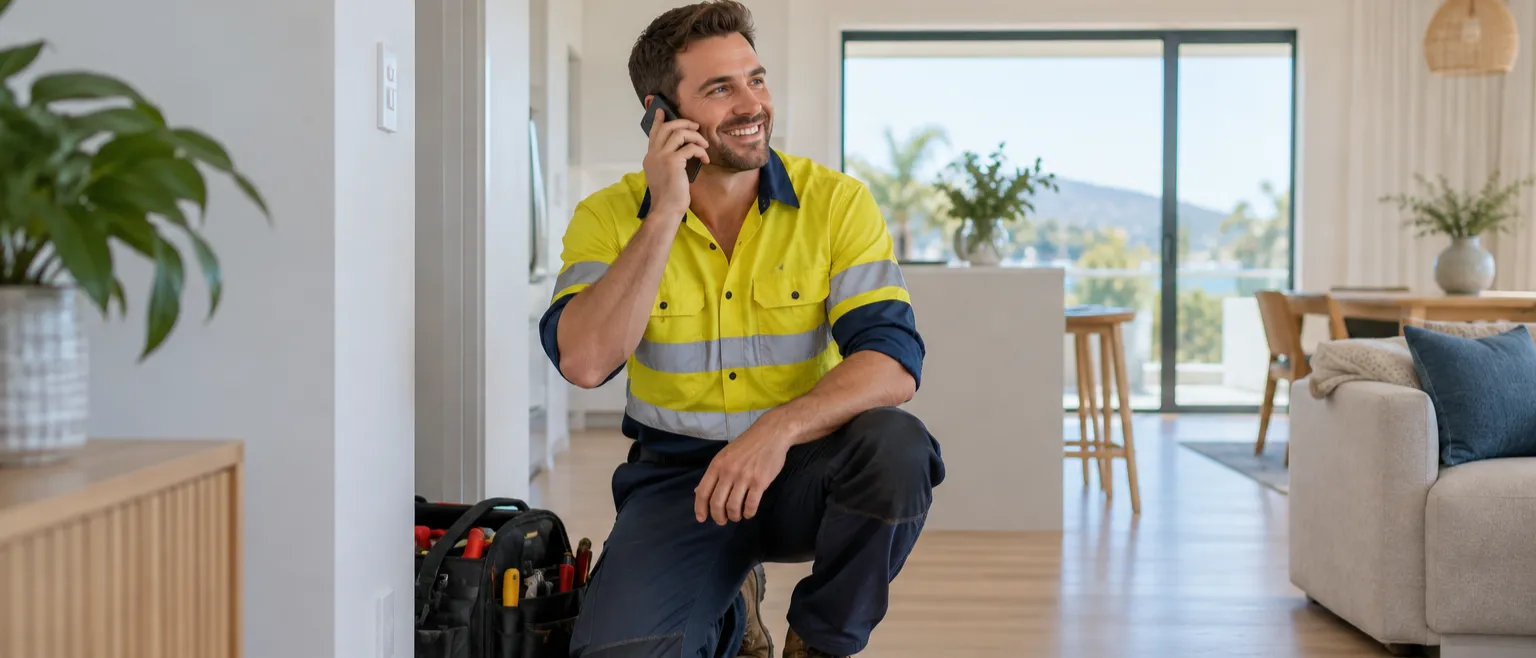 Electrician in hi-vis answering a call from a new customer in a modern home