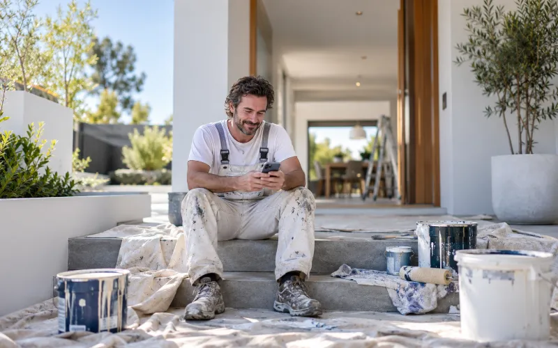 Painter on a job site checking his phone between jobs