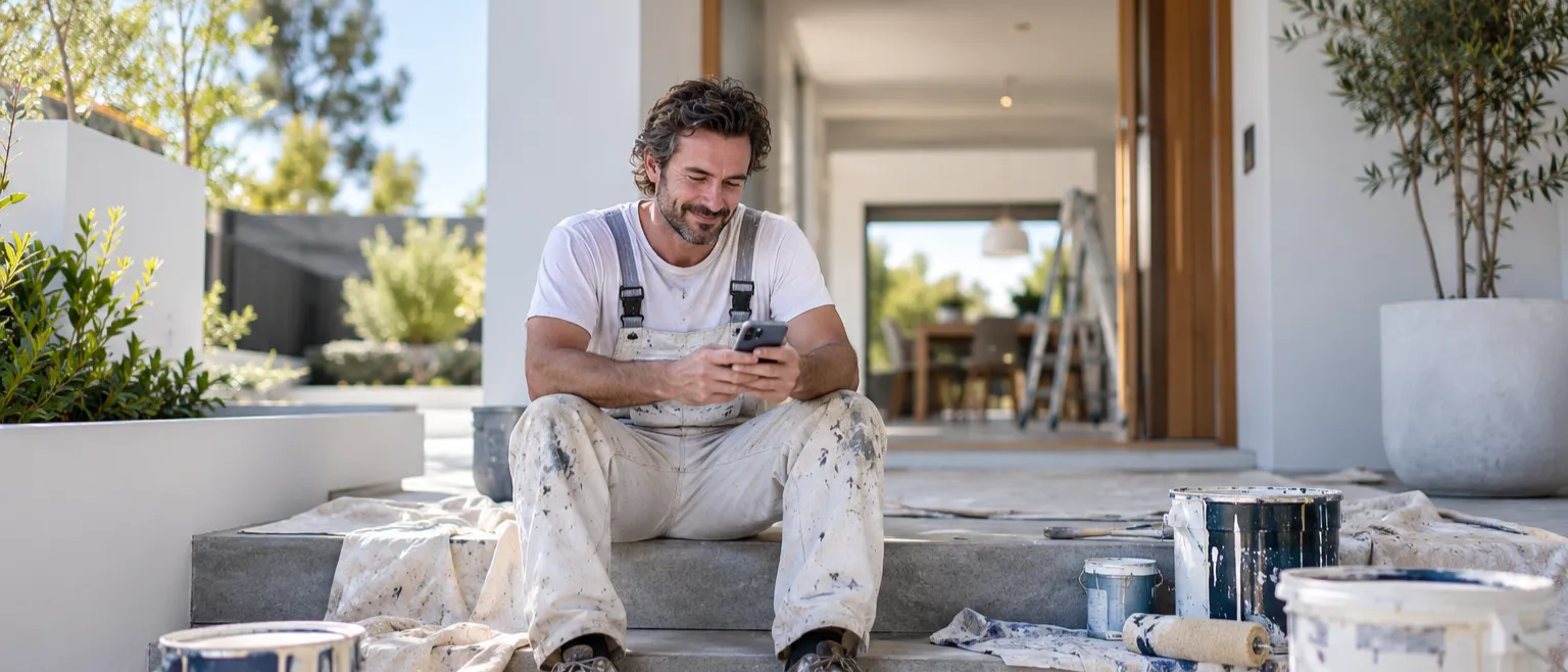 Painter on a job site checking his phone between jobs