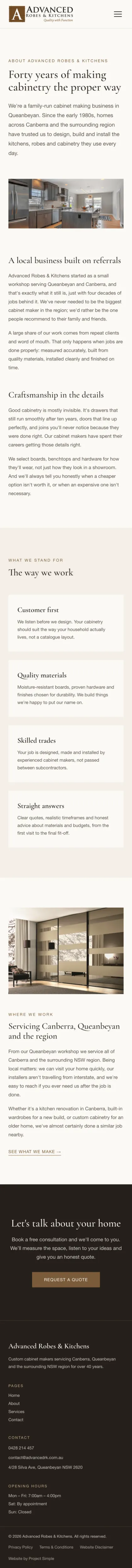 Advanced Robes & Kitchens about page on mobile