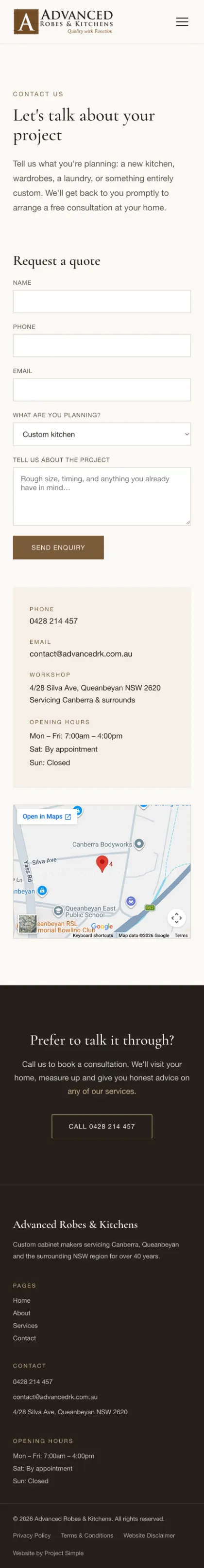 Advanced Robes & Kitchens contact page on mobile