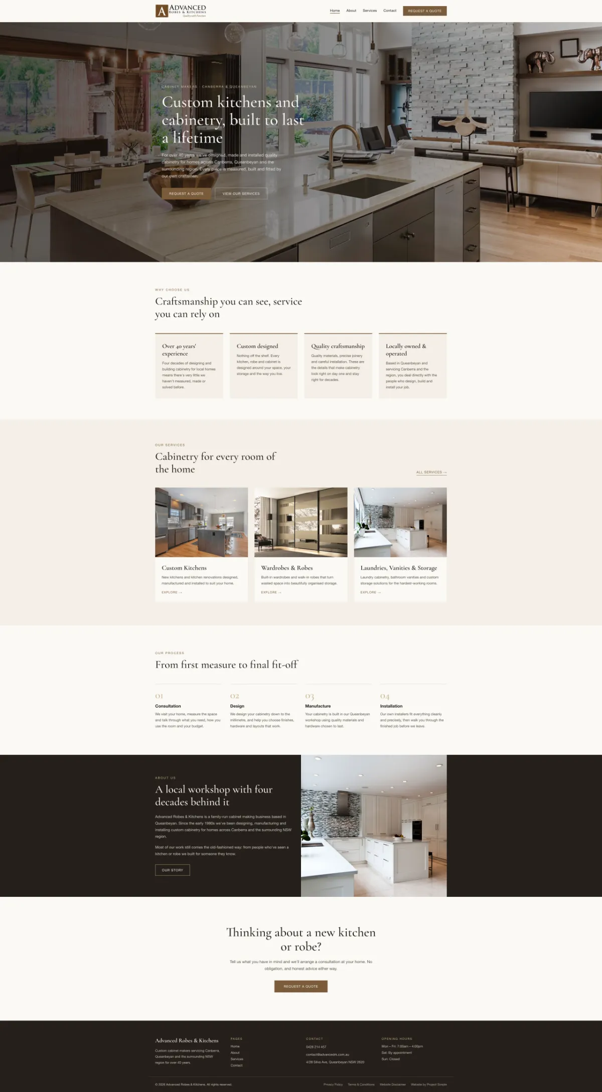 Advanced Robes & Kitchens homepage page, full length