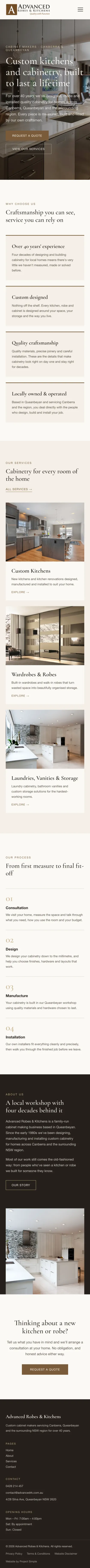 Advanced Robes & Kitchens homepage page on mobile