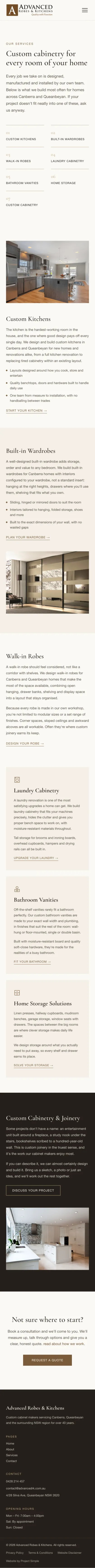 Advanced Robes & Kitchens services page on mobile