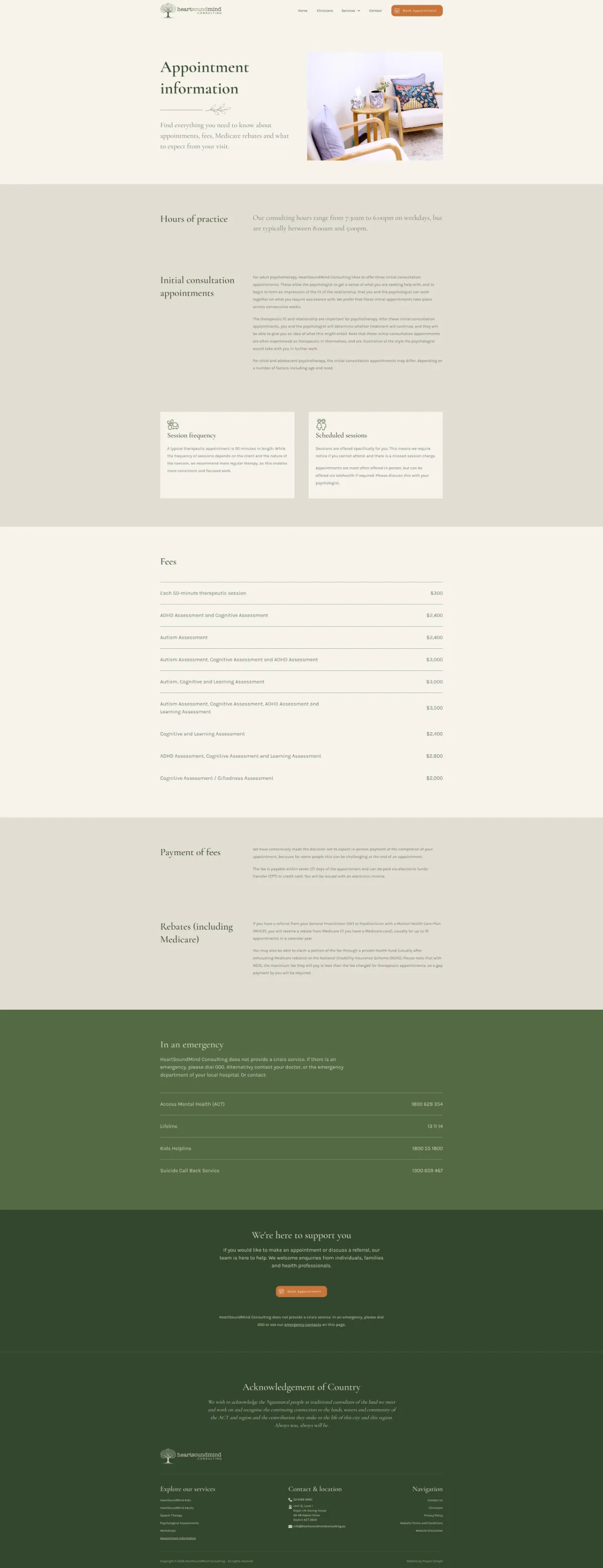 HeartSoundMind appointment information page, full length