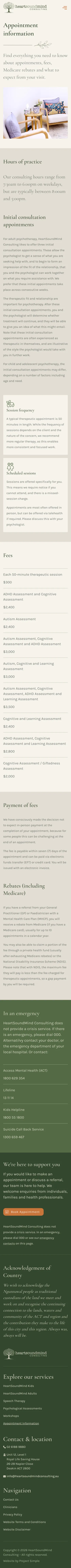 HeartSoundMind appointment information page on mobile