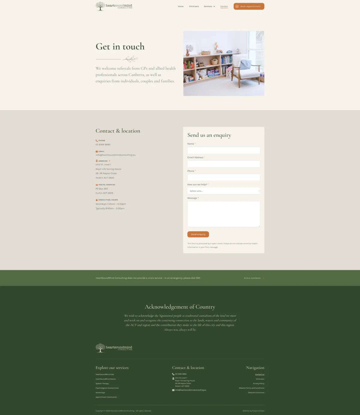 HeartSoundMind contact page, full length