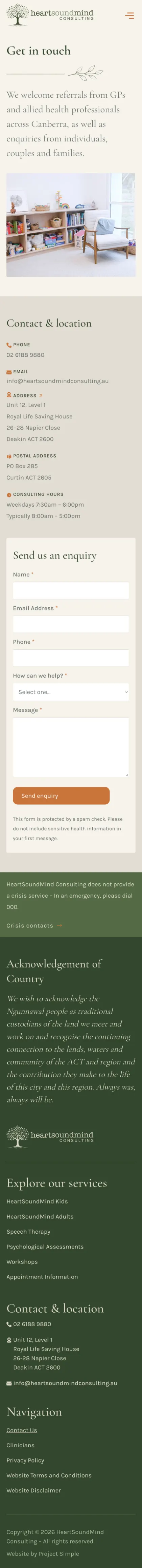 HeartSoundMind contact page on mobile