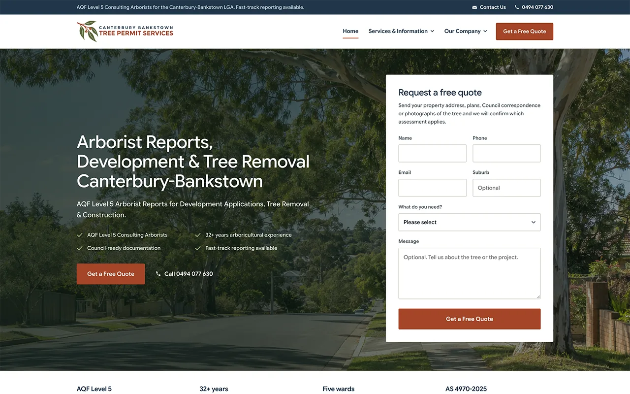 Canterbury Bankstown Tree Permit Services website homepage