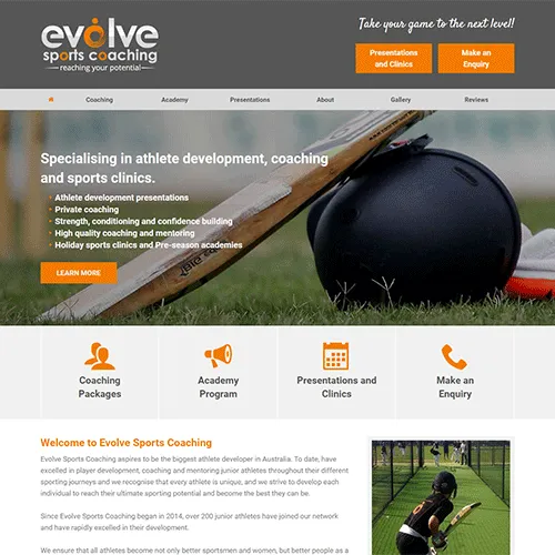 Evolve Sports Coaching website homepage