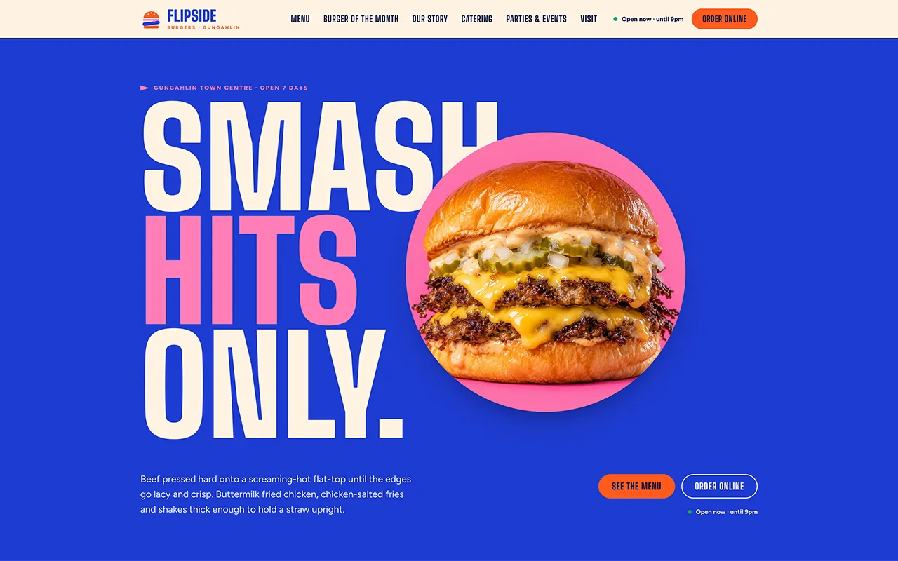 Flipside Burgers website designed by Project Simple