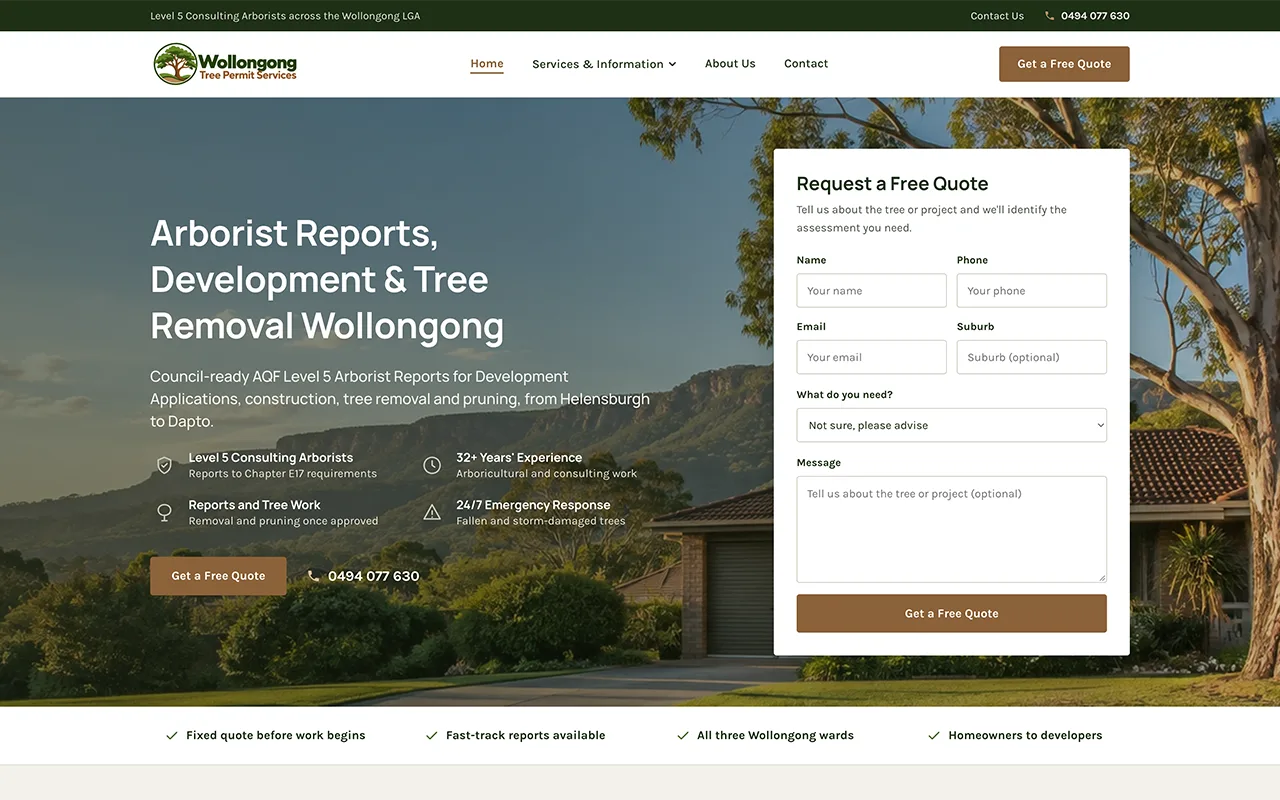 Wollongong Tree Permit Services website homepage